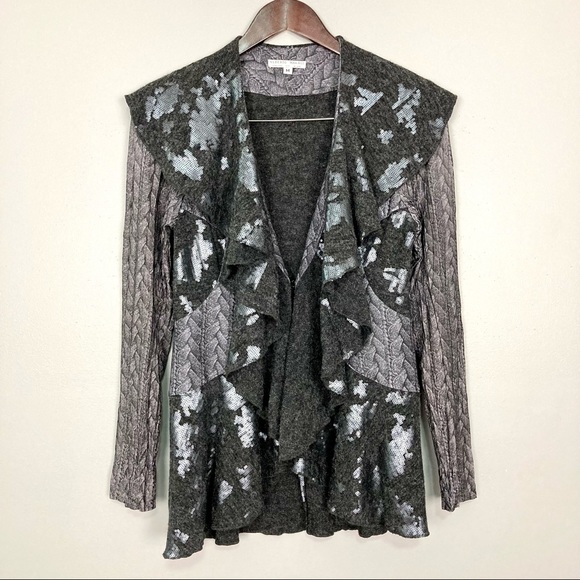 Alberto Makali Ruffled Sequin Cardigan Sweater Women’s Size M Mixed Media Gothic - Picture 1 of 8